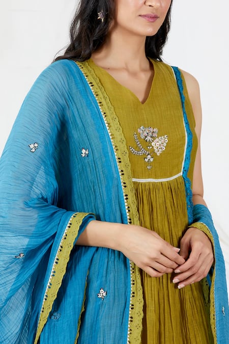 Shop_Devyani Mehrotra_Blue Kurta And Dupatta Chanderi Lining Viscose Crepe Pant Glazed & Set_Online_at_Aza_Fashions