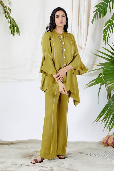 Devyani Mehrotra_Green Shirt And Pant Viscose Double Georgette Round Asymmetric & Set_Online_at_Aza_Fashions