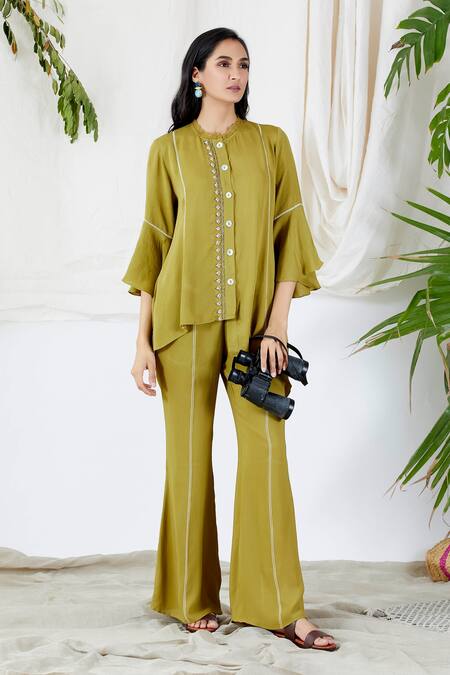 Buy_Devyani Mehrotra_Green Shirt And Pant Viscose Double Georgette Round Asymmetric & Set_Online_at_Aza_Fashions