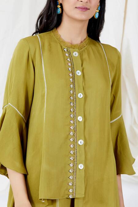 Devyani Mehrotra_Green Shirt And Pant Viscose Double Georgette Round Asymmetric & Set_at_Aza_Fashions