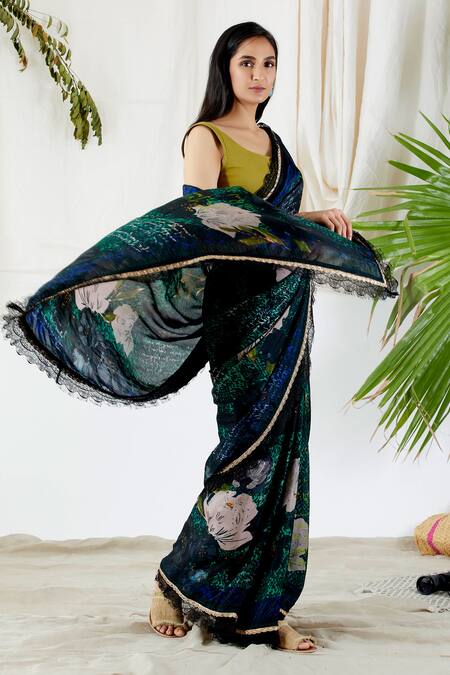 Shop_Devyani Mehrotra_Blue Viscose Silk Printed Saree_Online_at_Aza_Fashions