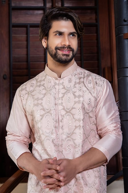 Shop Darshika Menswear Pink Cotton Silk Mirror Work Applique Kurta And Pant Set at Aza Fashions Shop_Darshika Menswear_Pink Cotton Silk Mirror Work Applique Kurta And Pant Set _at_Aza_Fashions
