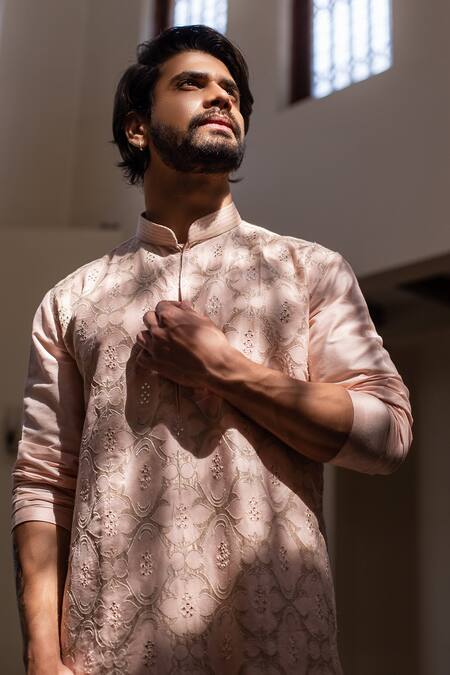 Darshika Menswear Pink Cotton Silk Mirror Work Applique Kurta And Pant Set Online at Aza Fashions Darshika Menswear_Pink Cotton Silk Mirror Work Applique Kurta And Pant Set _Online_at_Aza_Fashions