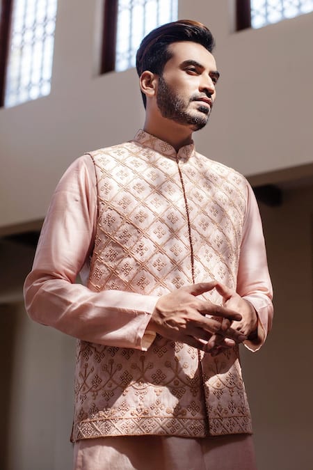 Shop_Darshika Menswear_Pink Chanderi Silk Floral Motifs, Sequin Work Embroidered Bundi And Kurta Set _at_Aza_Fashions