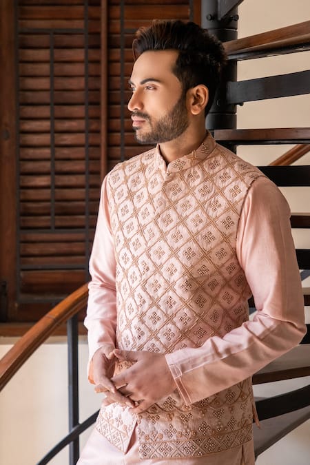 Darshika Menswear_Pink Chanderi Silk Floral Motifs, Sequin Work Embroidered Bundi And Kurta Set _Online_at_Aza_Fashions