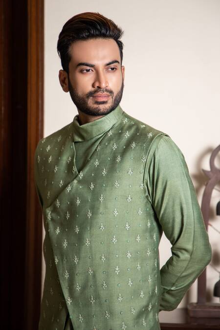 Darshika Menswear_Green Silk Blend Floral Motifs Embroidered Jacket And Draped Kurta Set_Online_at_Aza_Fashions
