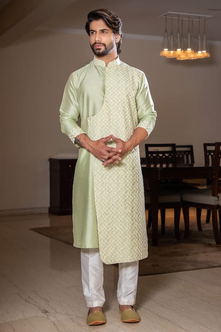 Darshika Menswear Green Cotton Silk Embroidered Floral And Paisley Layered Kurta & Pant Set 