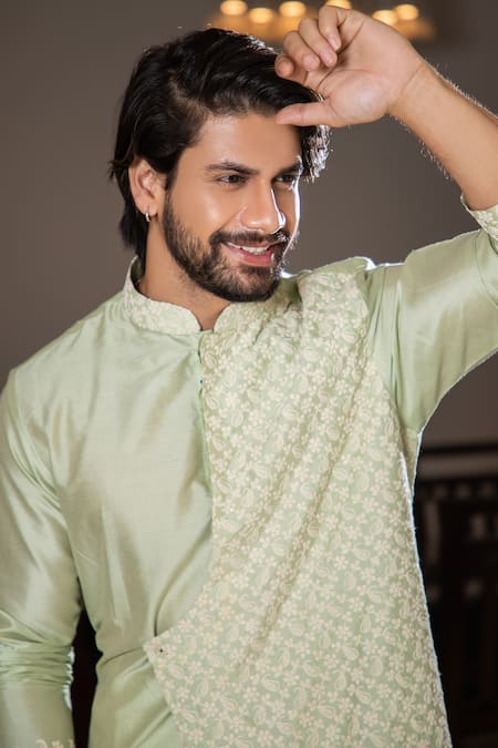 Shop Darshika Menswear Green Cotton Silk Thread Work, Floral And Embroidered Layered Kurta & Pant Set at Aza Fashions Shop_Darshika Menswear_Green Cotton Silk Thread Work, Floral And Embroidered Layered Kurta & Pant Set _at_Aza_Fashions