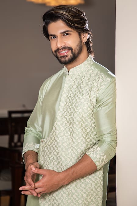Darshika Menswear Green Cotton Silk Thread Work, Floral And Embroidered Layered Kurta & Pant Set Online at Aza Fashions Darshika Menswear_Green Cotton Silk Thread Work, Floral And Embroidered Layered Kurta & Pant Set _Online_at_Aza_Fashions