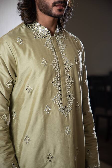 Darshika Menswear_Green Cotton Silk Mirror Work Kurta And Pant Set_Online_at_Aza_Fashions