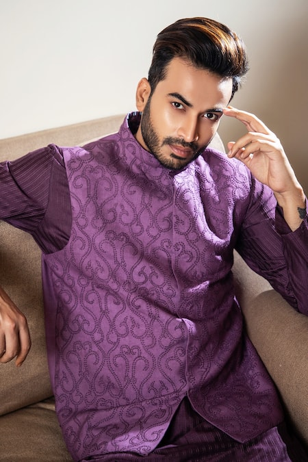 508567: Purple and Violet color Silk cotton fabric Kurta Pyjama with Jacket