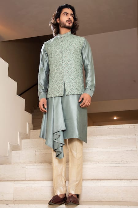 Darshika Menswear Embroidered Bundi & Draped Kurta Set 