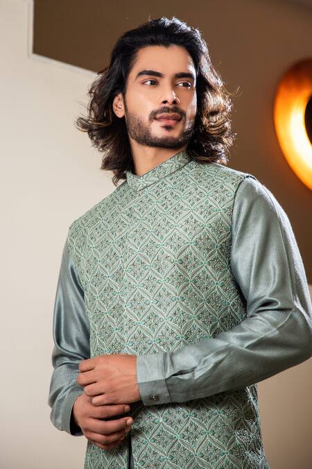 Darshika Menswear_Grey Silk Blend Floral Motifs, Sequin Work Embroidered Bundi And Draped Kurta Set _Online_at_Aza_Fashions
