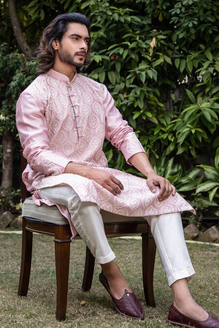 Shop_Darshika Menswear_Pink Chanderi Silk Floral Motifs, Thread Work Embroidered Kurta And Pant Set _at_Aza_Fashions