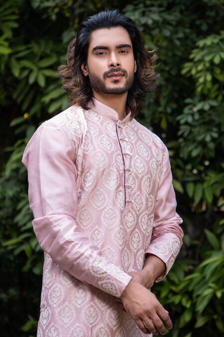 Darshika Menswear_Pink Chanderi Silk Floral Motifs, Thread Work Embroidered Kurta And Pant Set _Online_at_Aza_Fashions