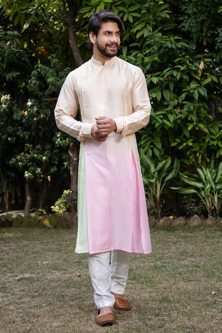 Darshika Menswear Multi Color Silk Blend Pleated Ombre Kurta And Pant Set