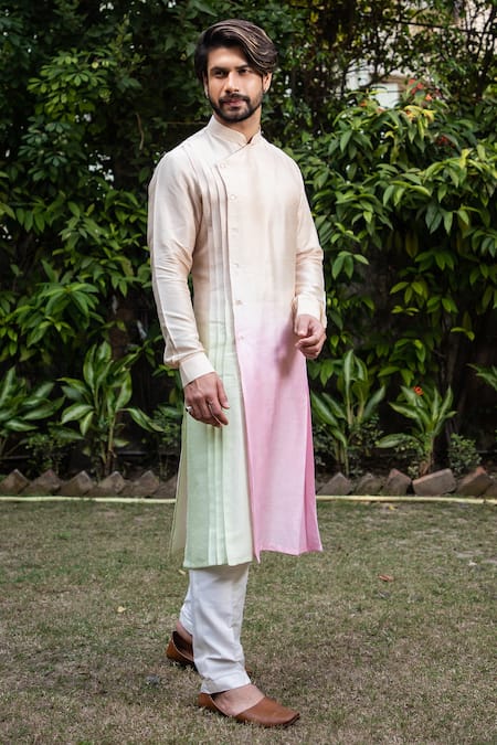 Shop Darshika Menswear Multi Color Silk Blend Pleated Ombre Kurta And Pant Set at Aza Fashions Shop_Darshika Menswear_Multi Color Silk Blend Pleated Ombre Kurta And Pant Set _at_Aza_Fashions