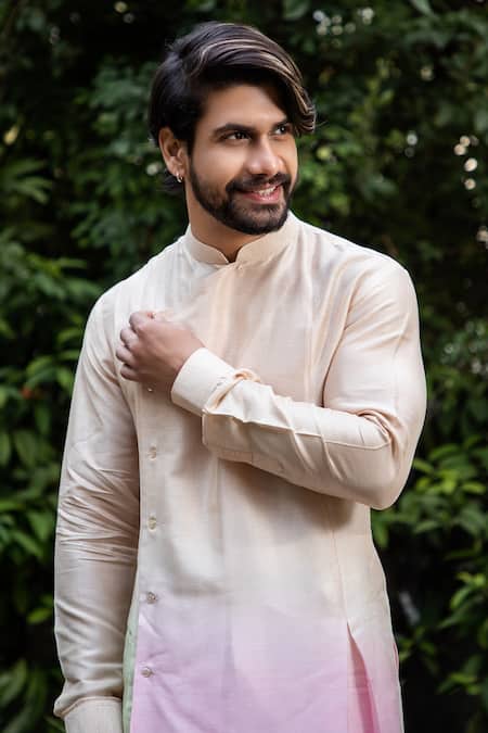 Darshika Menswear Multi Color Silk Blend Pleated Ombre Kurta And Pant Set Online at Aza Fashions Darshika Menswear_Multi Color Silk Blend Pleated Ombre Kurta And Pant Set _Online_at_Aza_Fashions