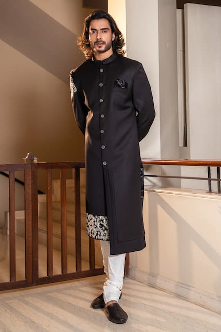 Shop_Darshika Menswear_Black Suiting Fabric Floral Motifs Asymmetric Embroidered Bandhgala Set _at_Aza_Fashions