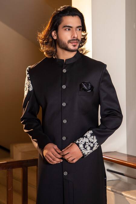 Darshika Menswear_Black Suiting Fabric Floral Motifs Asymmetric Embroidered Bandhgala Set _Online_at_Aza_Fashions