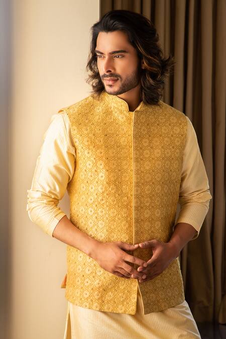 Darshika Menswear_Yellow Silk Blend Floral Motifs, Zari , Jaal Embroidered Bundi_Online_at_Aza_Fashions