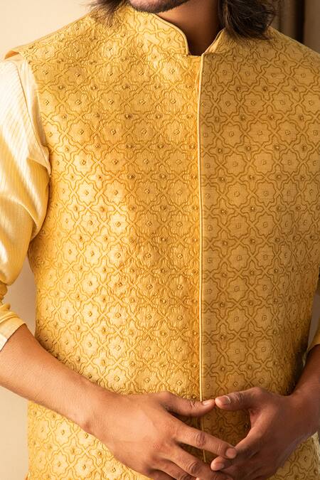 Buy_Darshika Menswear_Yellow Silk Blend Floral Motifs, Zari , Jaal Embroidered Bundi_Online_at_Aza_Fashions