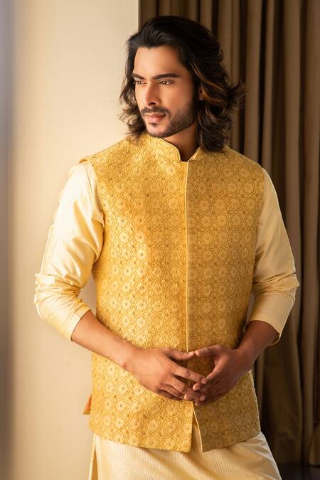Darshika Menswear Yellow Silk Blend Floral Motifs, Zari Work, Jaal Embroidered Bundi And Kurta Set Online at Aza Fashions Darshika Menswear_Yellow Silk Blend Floral Motifs, Zari Work, Jaal Embroidered Bundi And Kurta Set_Online_at_Aza_Fashions