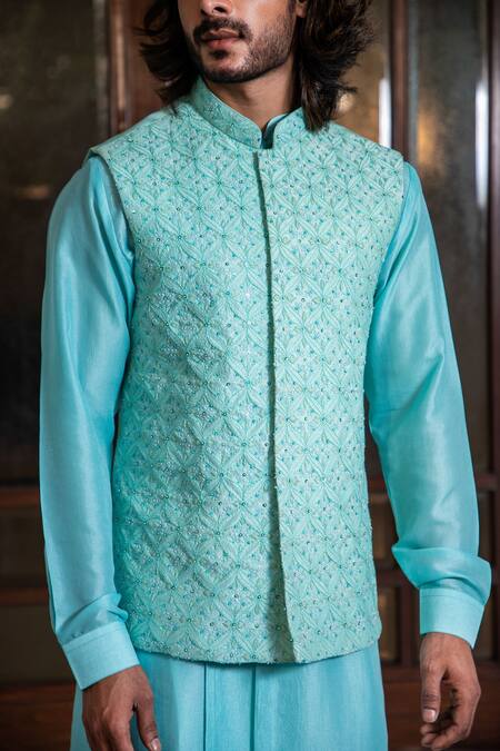 Darshika Menswear_Blue Silk Blend Sequin Work Hand Embroidered Bundi And Kurta Set_Online_at_Aza_Fashions