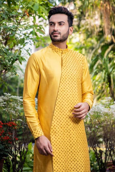 Shop_Darshika Menswear_Yellow Cotton Silk Floral Motifs Embroidered Layered Kurta And Pant Set _at_Aza_Fashions
