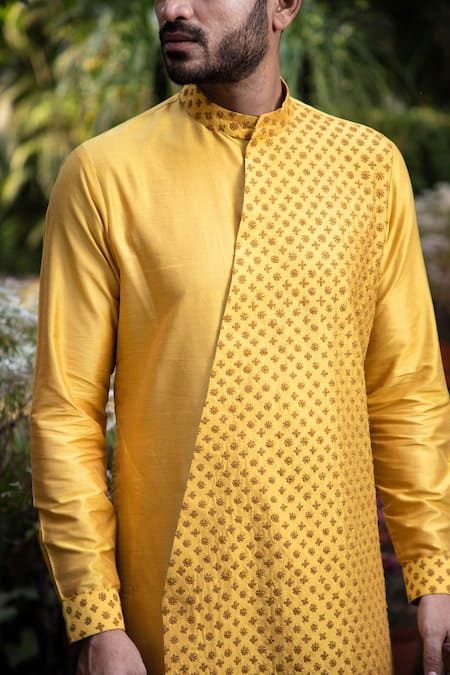 Darshika Menswear_Yellow Cotton Silk Floral Motifs Embroidered Layered Kurta And Pant Set _Online_at_Aza_Fashions
