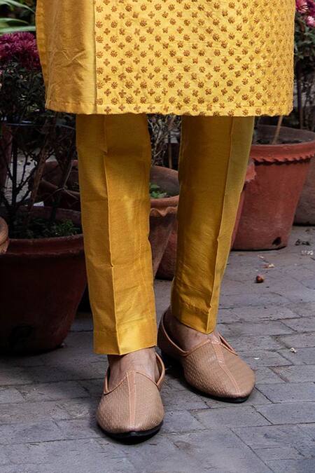 Buy_Darshika Menswear_Yellow Cotton Silk Floral Motifs Embroidered Layered Kurta And Pant Set _Online_at_Aza_Fashions