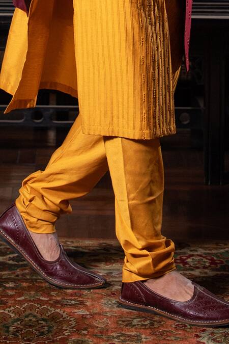 Darshika Menswear_Yellow Cotton Silk Sequin Work Embroidered Kurta Set_Online_at_Aza_Fashions