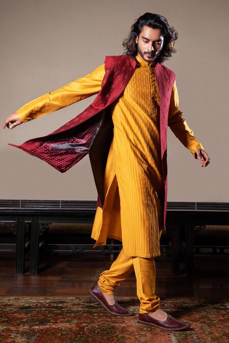 Darshika Menswear_Maroon Cotton Silk Sequin Work Hand Embroidered Jacket And Kurta Set_Online_at_Aza_Fashions