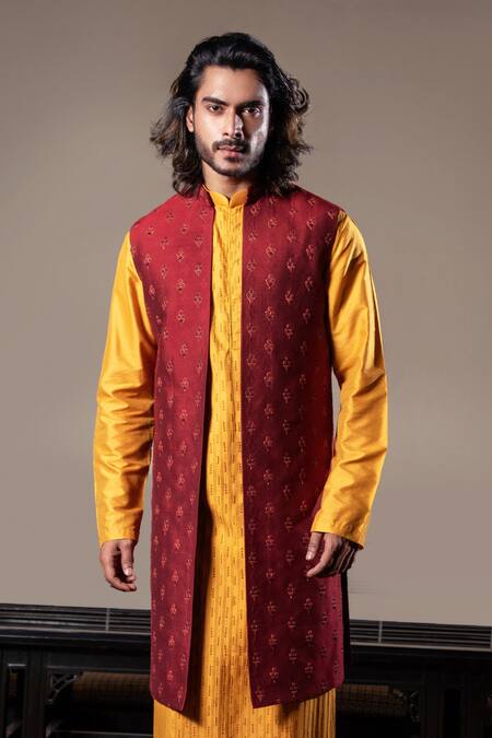 Buy_Darshika Menswear_Maroon Cotton Silk Sequin Work Hand Embroidered Jacket And Kurta Set_Online_at_Aza_Fashions
