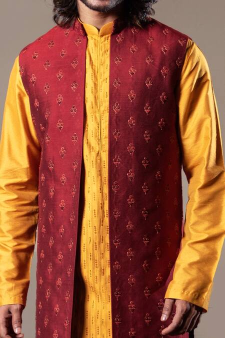 Shop_Darshika Menswear_Maroon Cotton Silk Sequin Work Hand Embroidered Jacket And Kurta Set_Online_at_Aza_Fashions