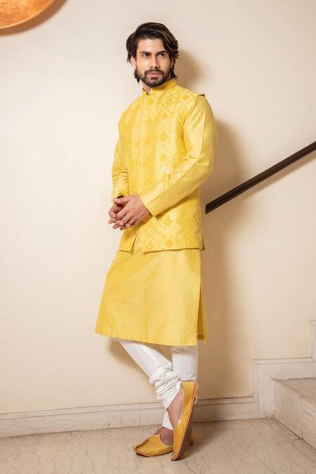 Darshika Menswear Yellow Cotton Silk Embroidered Floral Motifs Hand Bundi And Kurta Set