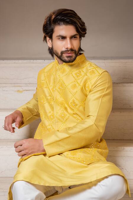 Darshika Menswear_Yellow Cotton Silk Floral Motifs, Mirror Work Hand Embroidered Bundi And Kurta Set_Online_at_Aza_Fashions