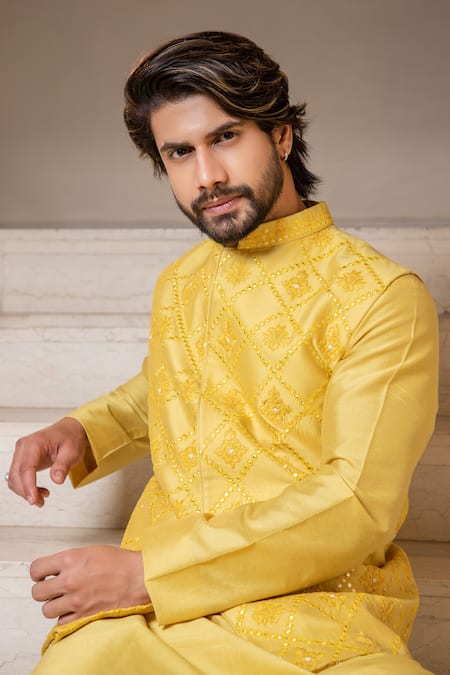 Buy_Darshika Menswear_Yellow Cotton Silk Floral Motifs, Mirror Work Hand Embroidered Bundi And Kurta Set_Online_at_Aza_Fashions