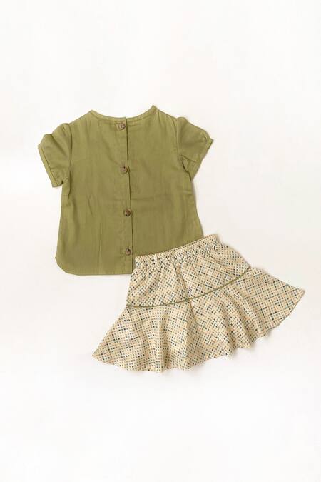 Shop_Taramira_Green Cotton Printed Geometric Skirt Set_at_Aza_Fashions