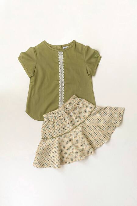 Taramira_Green Cotton Printed Geometric Skirt Set_Online_at_Aza_Fashions