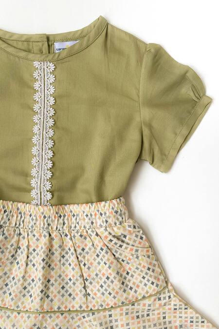 Shop_Taramira_Green Cotton Printed Geometric Skirt Set_Online_at_Aza_Fashions