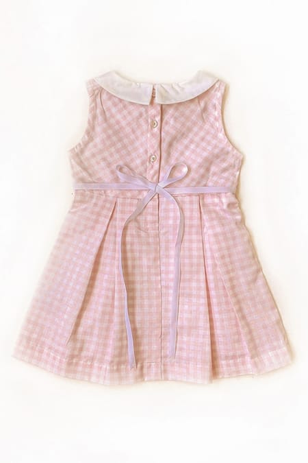 Shop_Taramira_Pink Cotton Blend Embroidery Floral Checkered Peter Pan Collar Dress_at_Aza_Fashions
