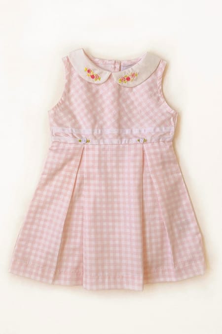 Taramira_Pink Cotton Blend Embroidery Floral Checkered Peter Pan Collar Dress_Online_at_Aza_Fashions