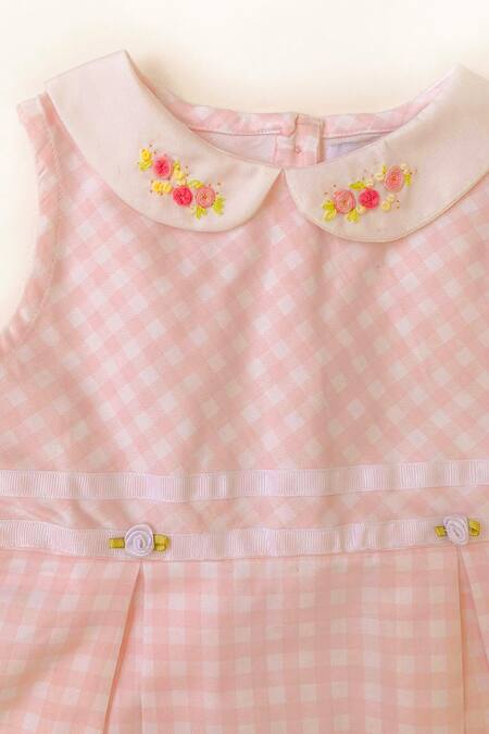 Buy_Taramira_Pink Cotton Blend Embroidery Floral Checkered Peter Pan Collar Dress_Online_at_Aza_Fashions