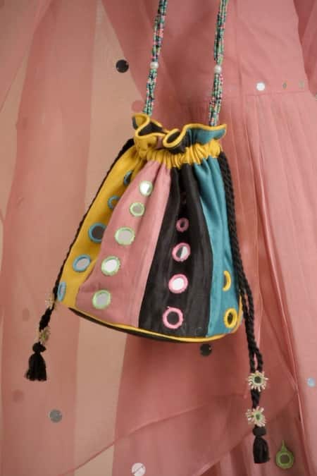 Charkhee Chanderi Mirror Embroidered Potli Bag 