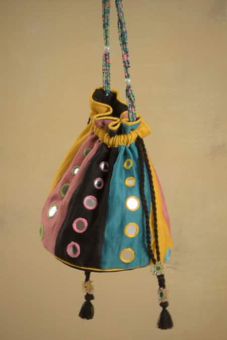 Charkhee Chanderi Mirror Embroidered Potli Bag 