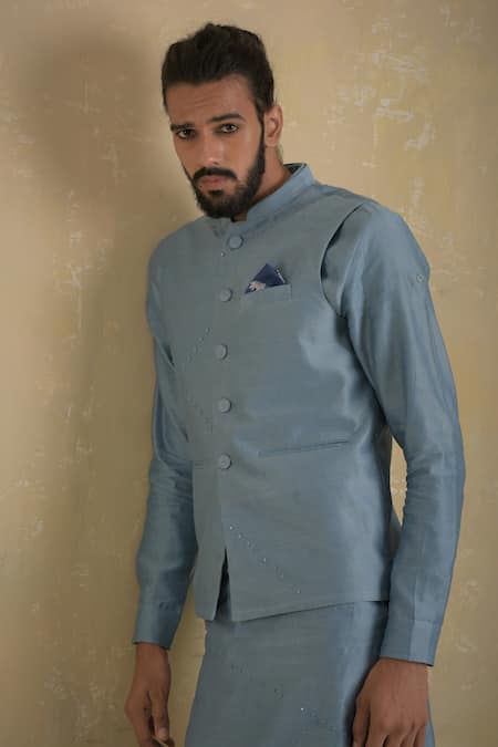 Shop_Charkhee_Blue Chanderi Nehru Jacket _Online_at_Aza_Fashions
