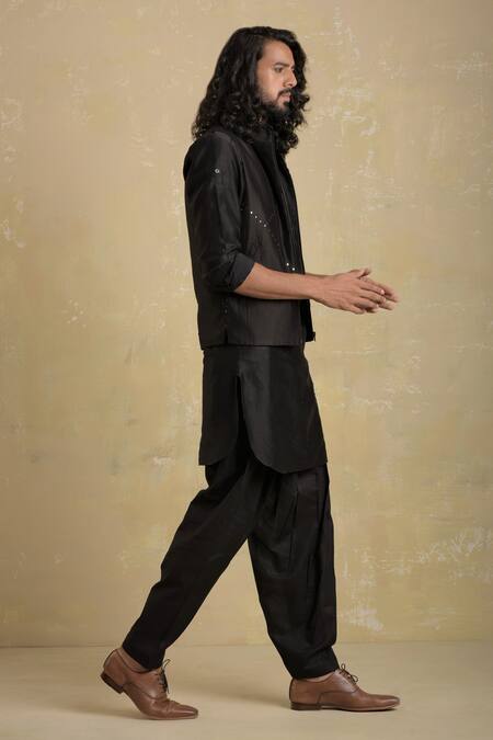 Buy_Charkhee_Black Chanderi Pathani Set _Online_at_Aza_Fashions