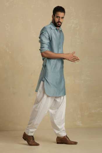 Charkhee_Blue Chanderi Pathani Set _Online_at_Aza_Fashions