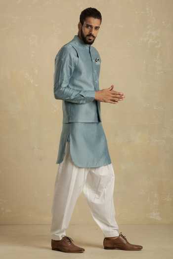 Buy_Charkhee_Blue Chanderi Pathani Set _Online_at_Aza_Fashions